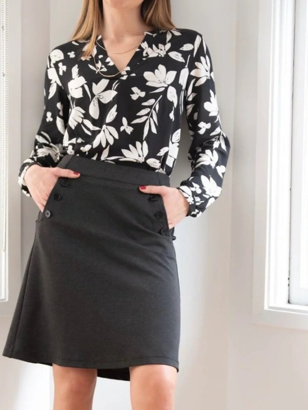 New Betabrand Black Six Button A-Line Skort Skirt Large